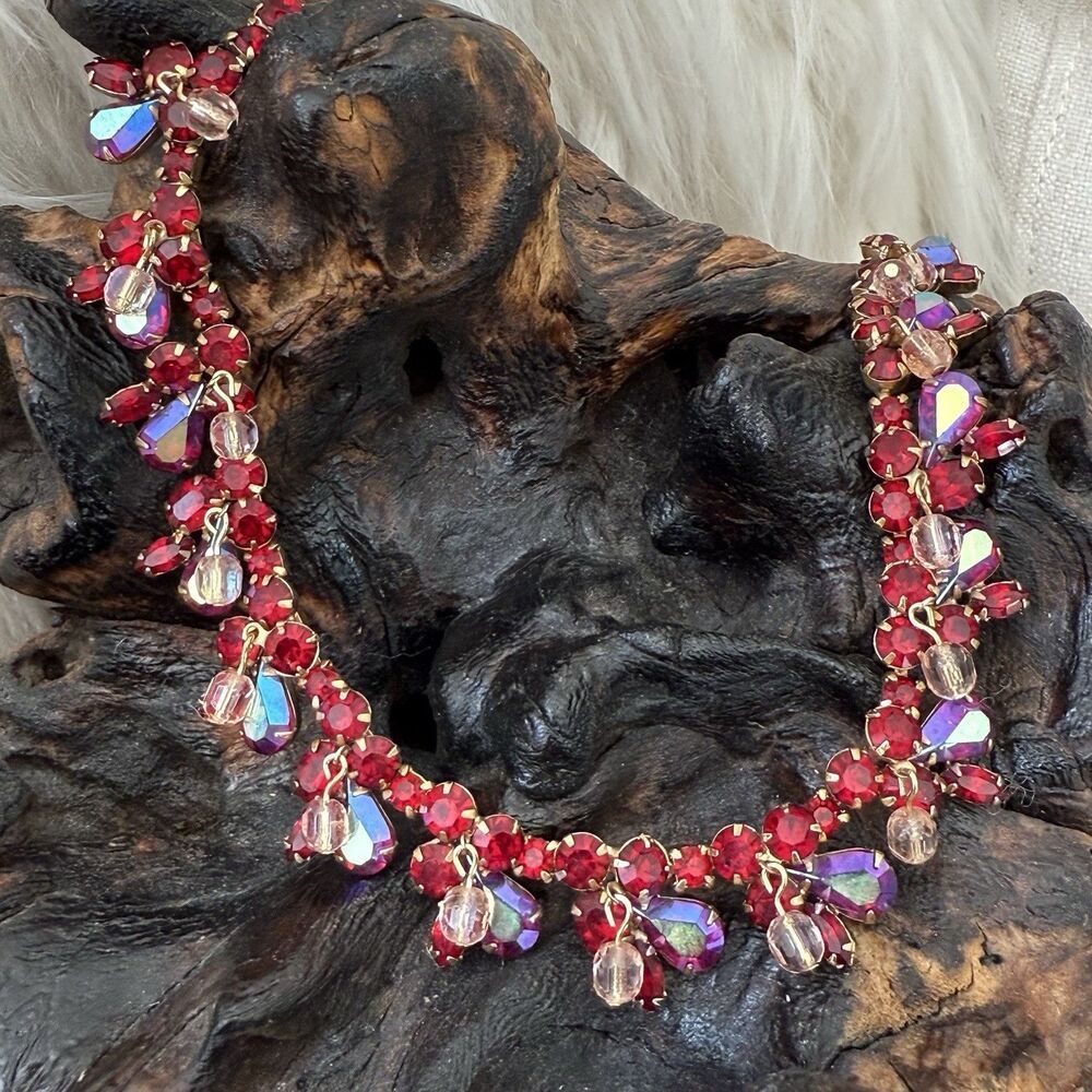 Vintage Kramer Demi-Parure Red Aurora Borealis AB Teardrop Pink Dangle Balls - Picture 3 of 16